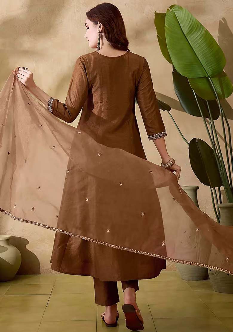 Brown Embroidery Silk Kurta Set - Indya