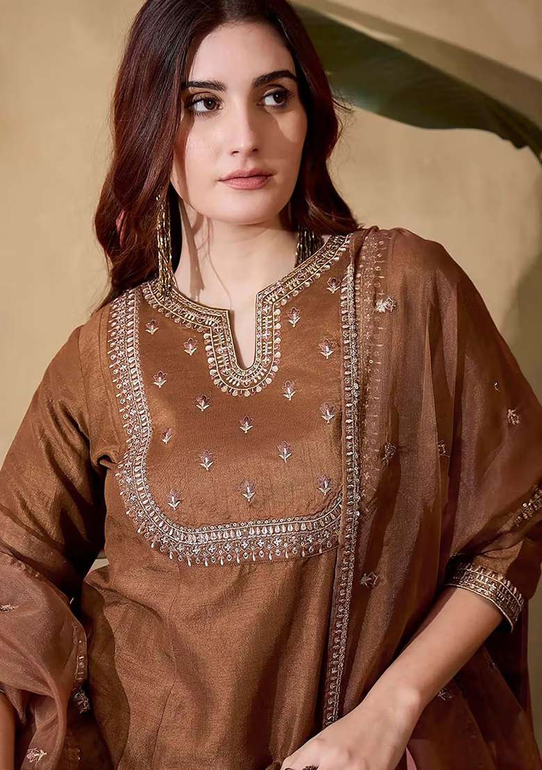 Brown Embroidery Silk Kurta Set - Indya