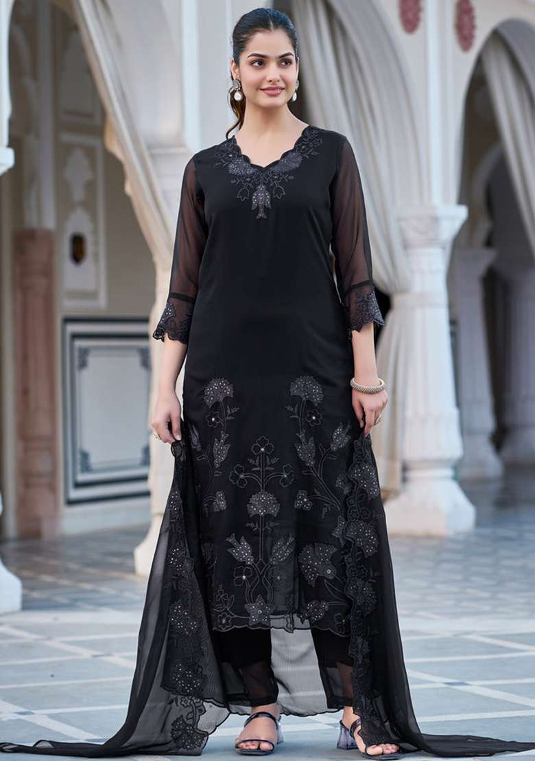 Black Embroidery Georgette Kurta Set - Indya