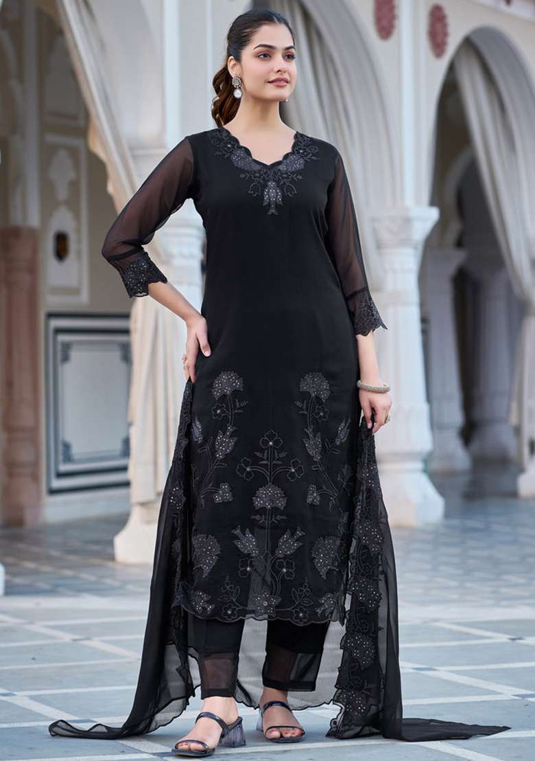 Black Embroidery Georgette Kurta Set - Indya