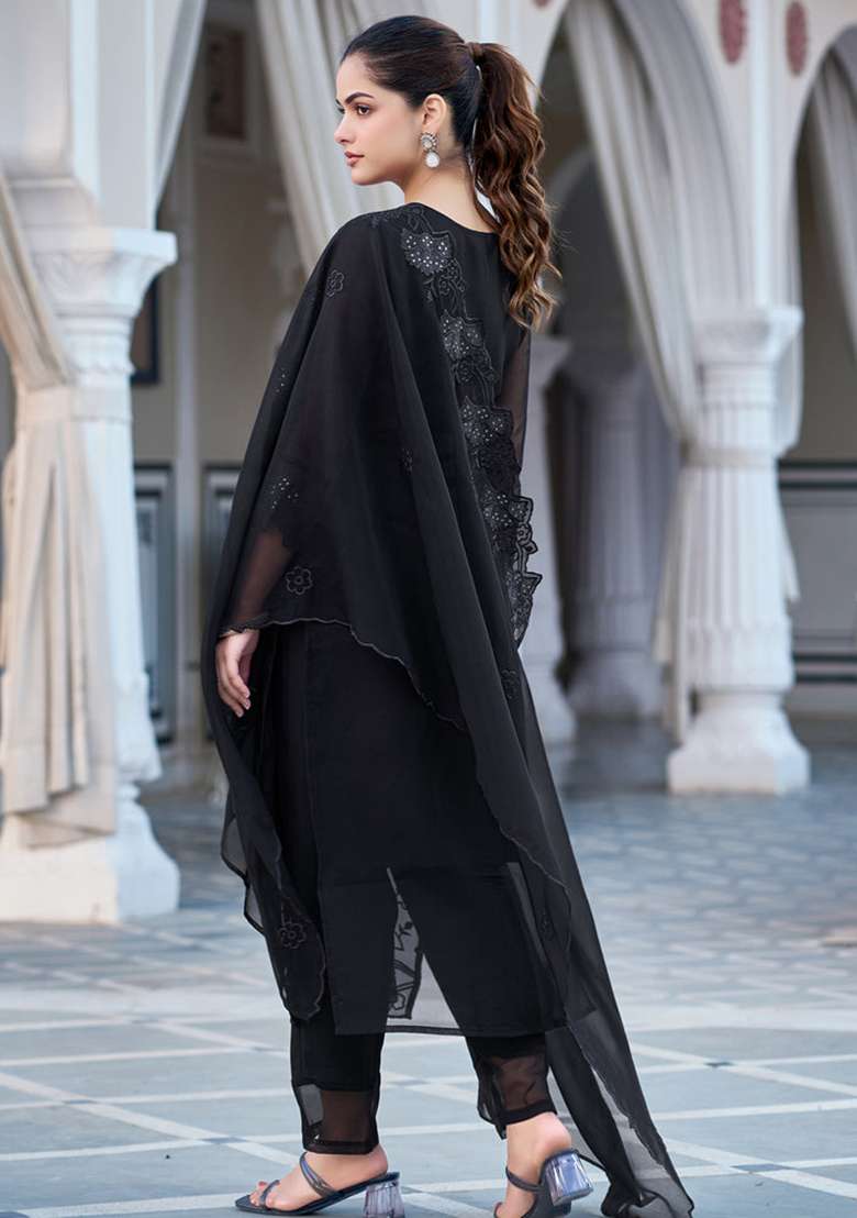 Black Embroidery Georgette Kurta Set - Indya