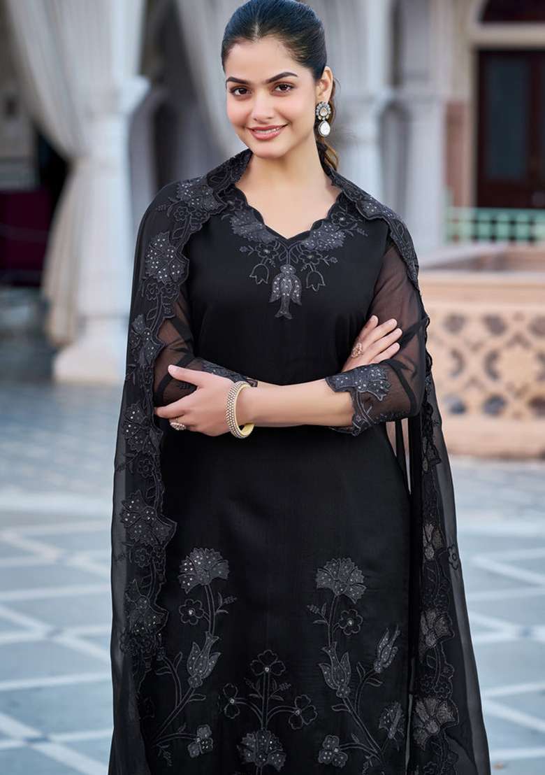 Black Embroidery Georgette Kurta Set - Indya