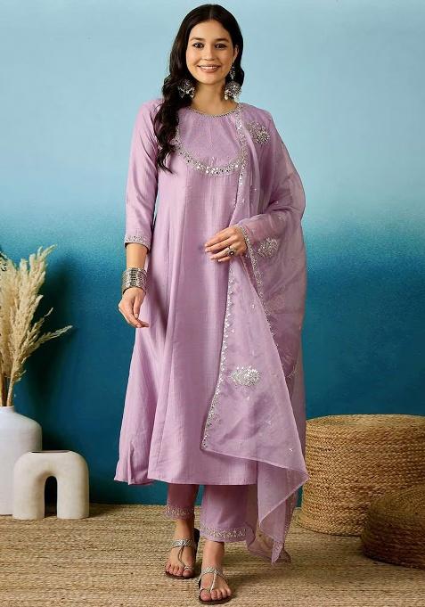 Pink Embroidery Silk Kurta Set