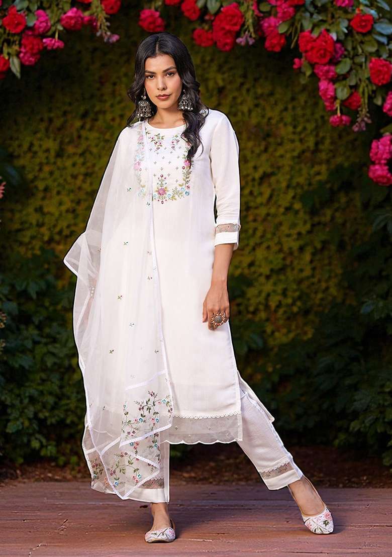 White Embroidery Chanderi Kurta Set - Indya