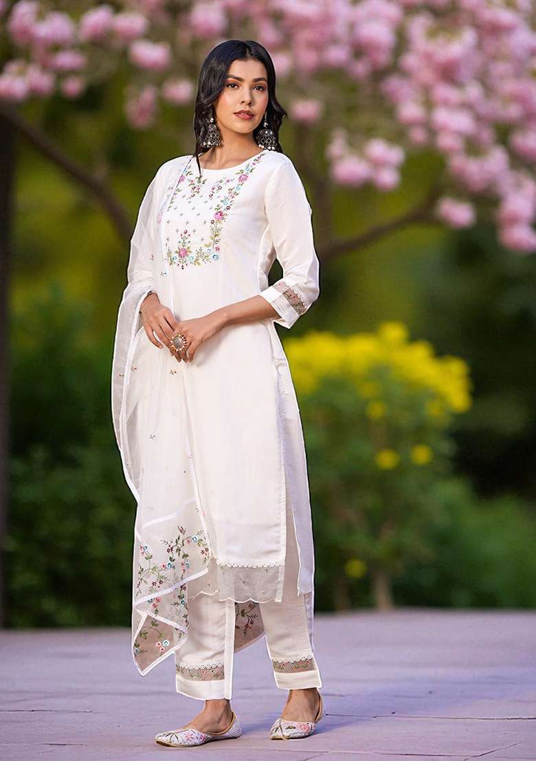 White Embroidery Chanderi Kurta Set - Indya