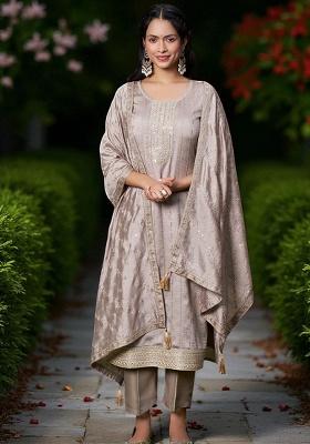 Brown Embroidery Silk Kurta Set