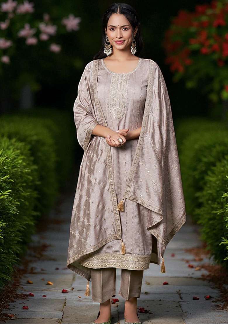 Brown Embroidery Silk Kurta Set - Indya