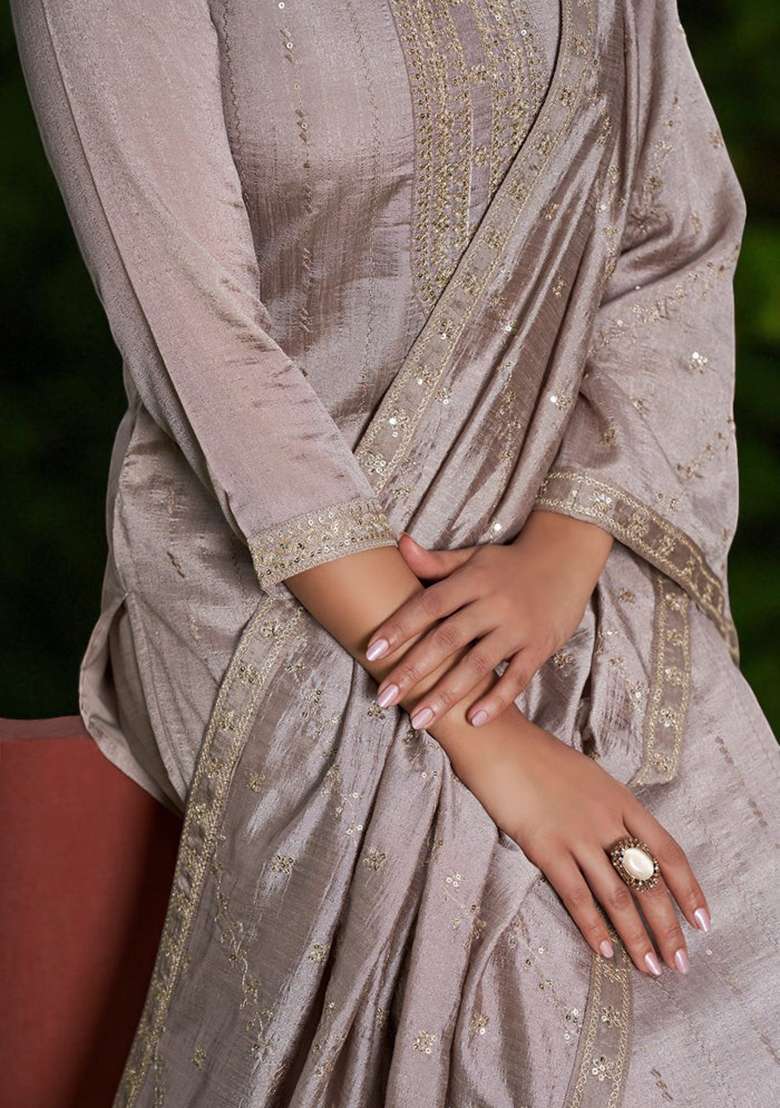 Brown Embroidery Silk Kurta Set - Indya