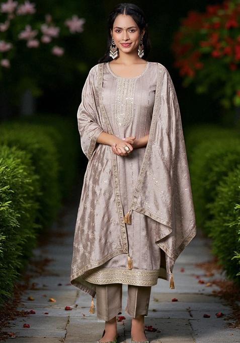 Brown Embroidery Silk Kurta Set