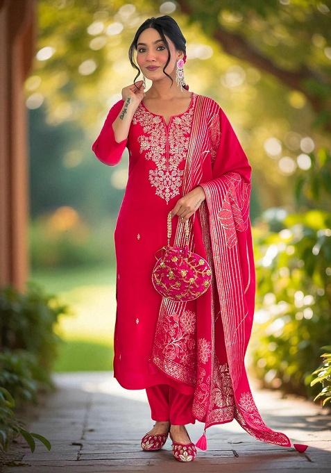 Pink Embroidery Silk Kurta Set