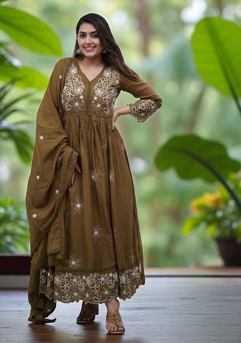 Brown Embroidery Cotton Kurta Set - Indya