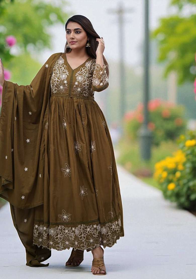 Brown Embroidery Cotton Kurta Set - Indya