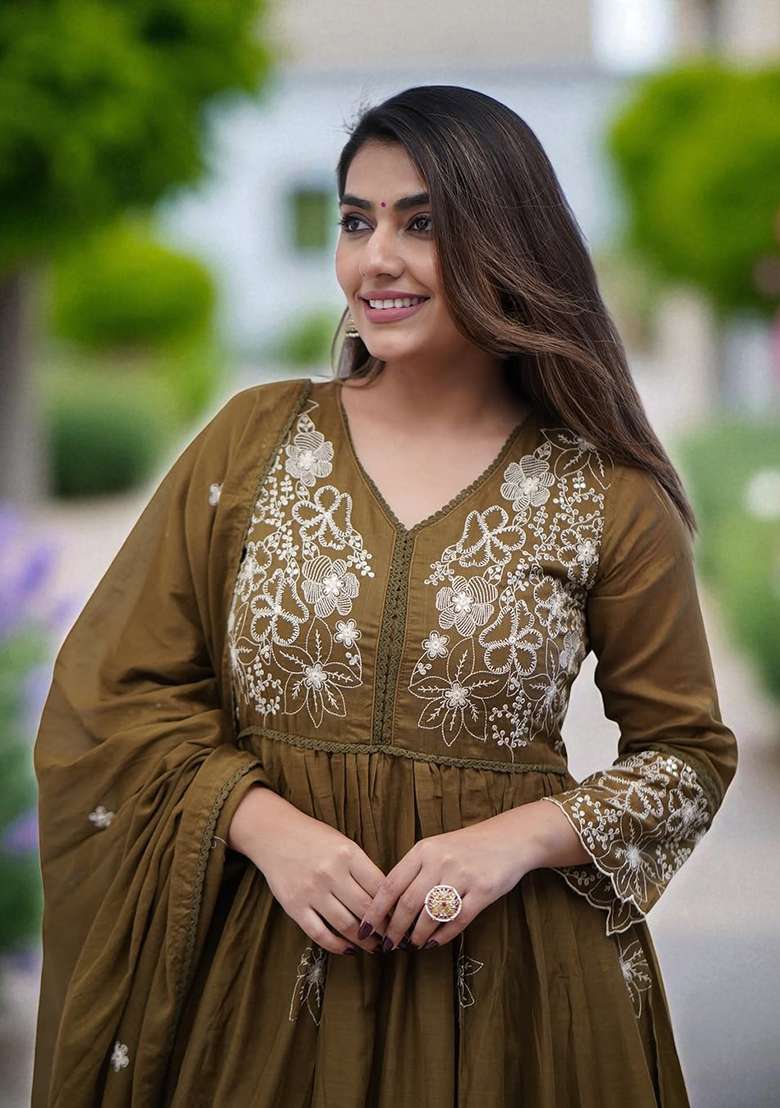 Brown Embroidery Cotton Kurta Set - Indya