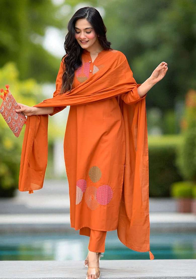 Orange Embroidery Rayon Kurta Set - Indya