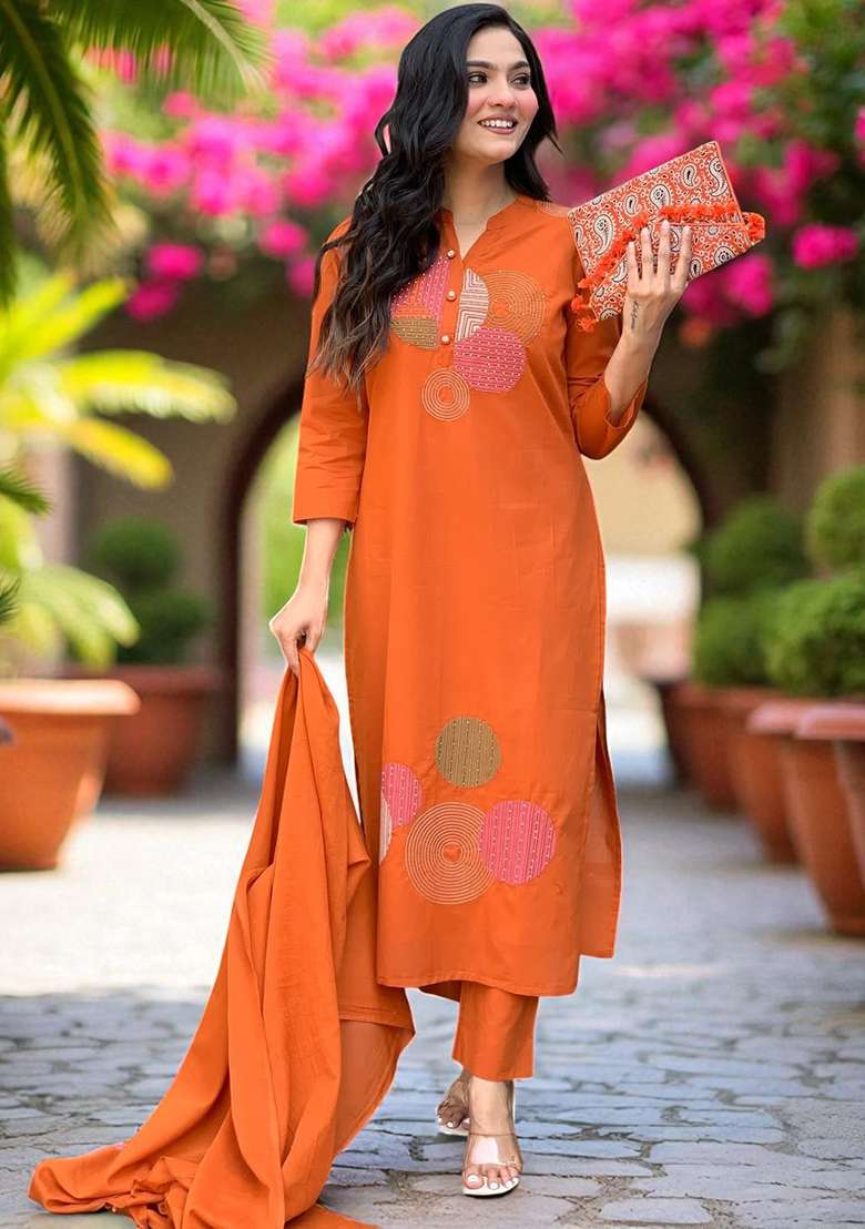 Orange Embroidery Rayon Kurta Set - Indya