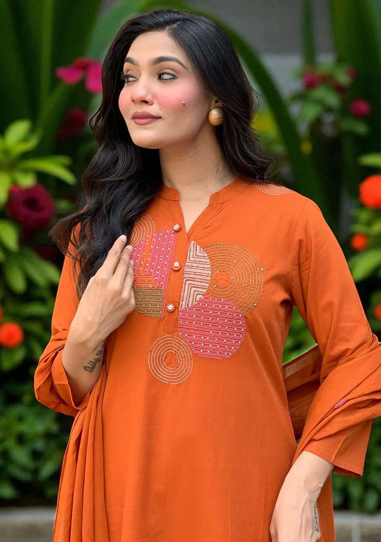 Orange Embroidery Rayon Kurta Set - Indya