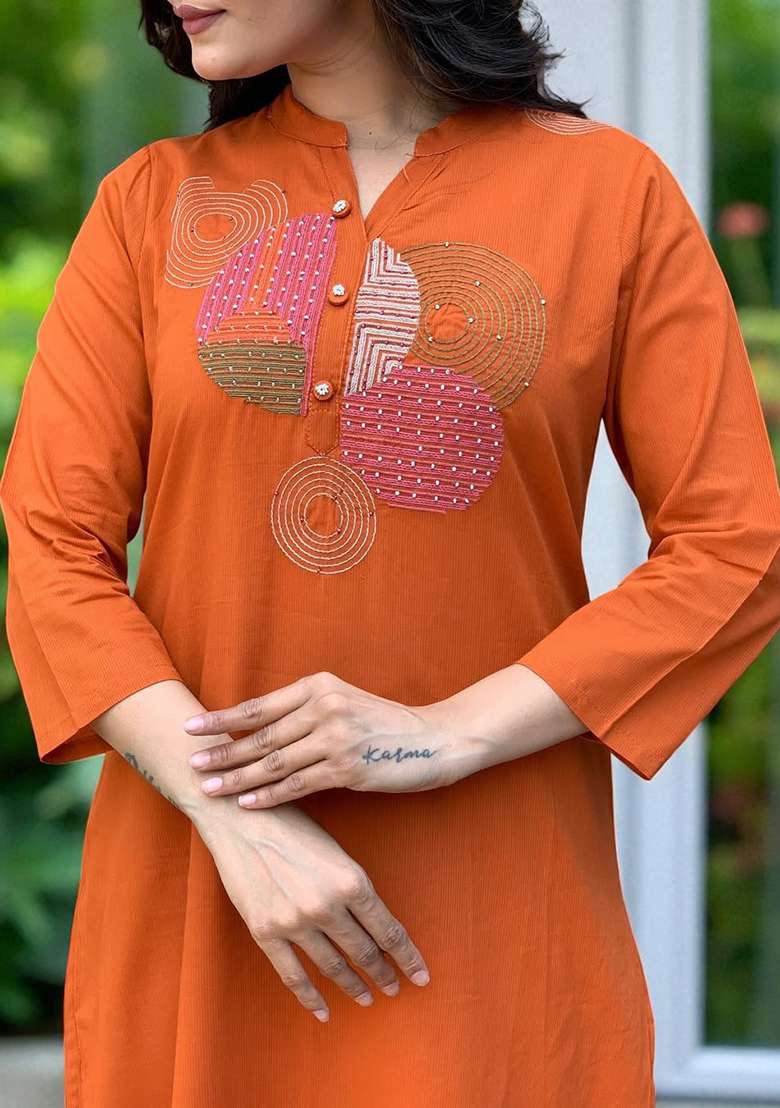 Orange Embroidery Rayon Kurta Set - Indya