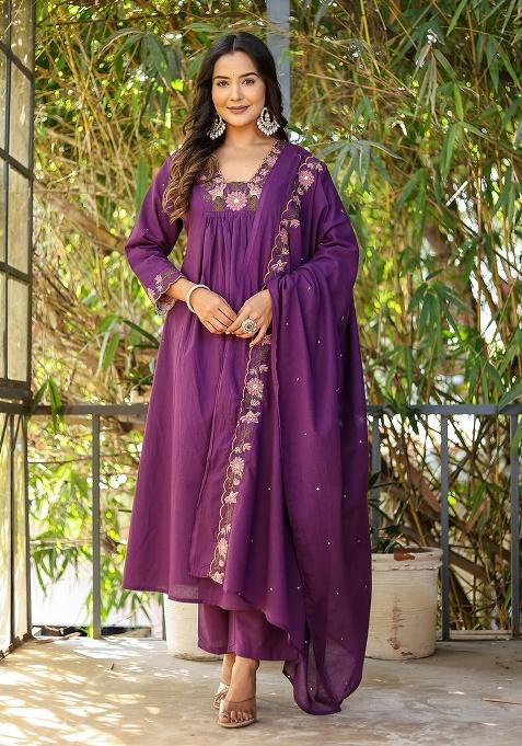 Purple Self-Design Rayon Kurta Set