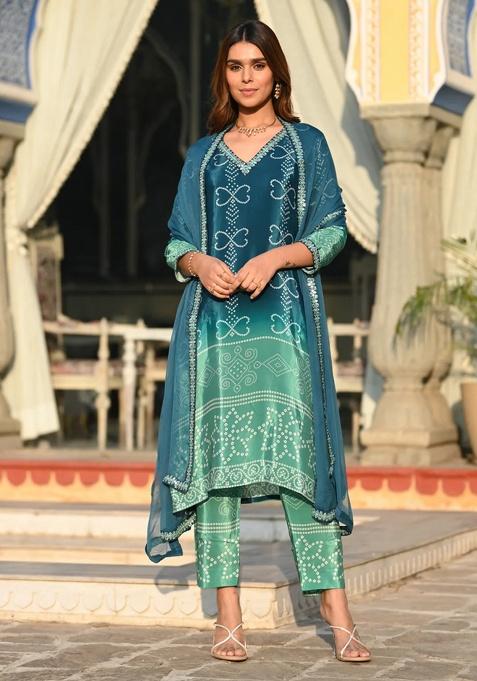 Blue Self-Design Chinnon Kurta Set