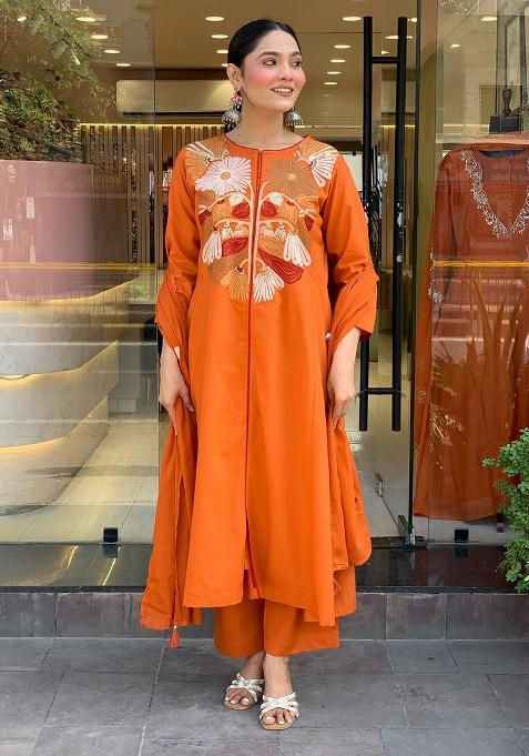 Orange Self-Design Chanderi Kurta Set