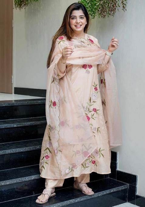 Cream Self-Design Chanderi Kurta Set