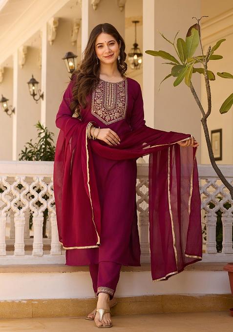 maroon Self-Design Rayon Kurta Set