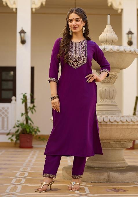 Wine Self-Design Rayon Kurta Set
