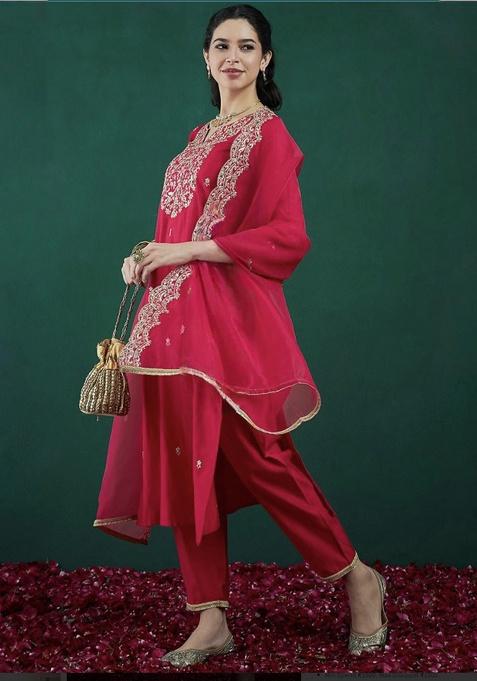 Pink Self-Design Chanderi Kurta Set