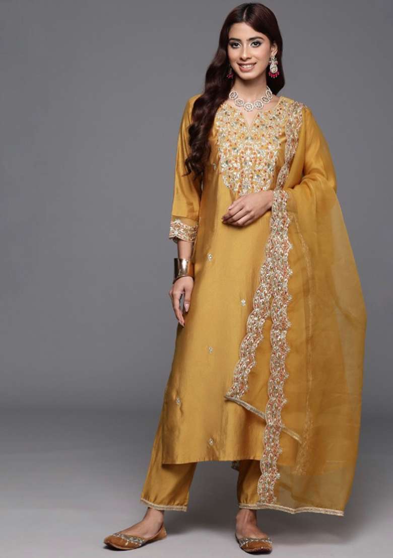 Yellow Self-Design Chanderi Kurta Set - Indya