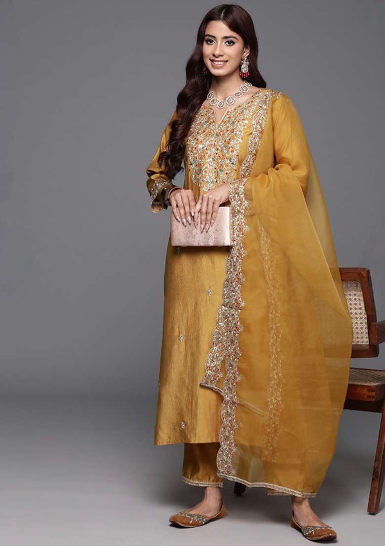 Yellow Self-Design Chanderi Kurta Set - Indya