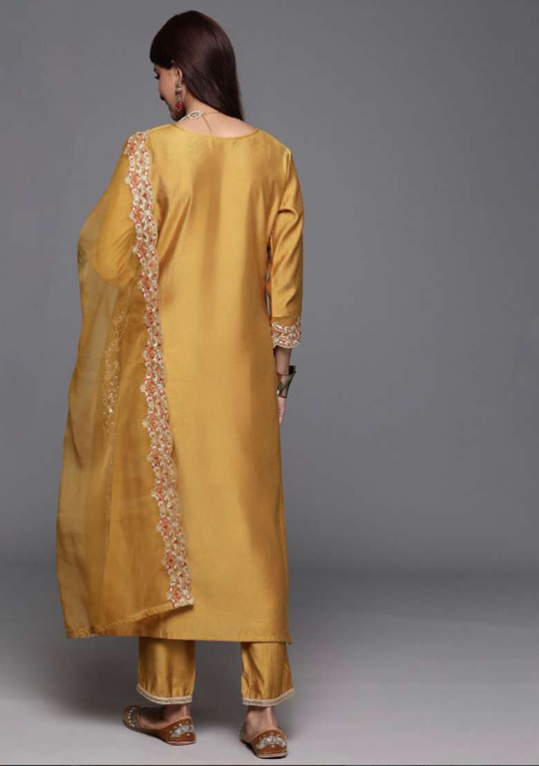 Yellow Self-Design Chanderi Kurta Set - Indya