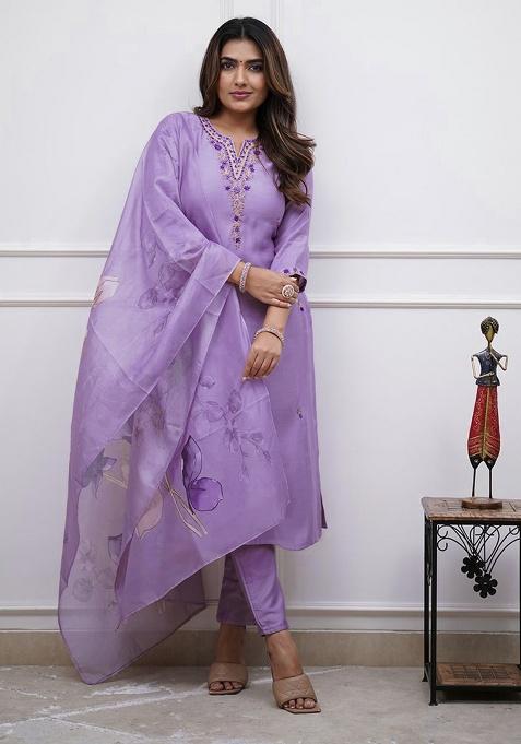 Purple Self-Design Rayon Kurta Set