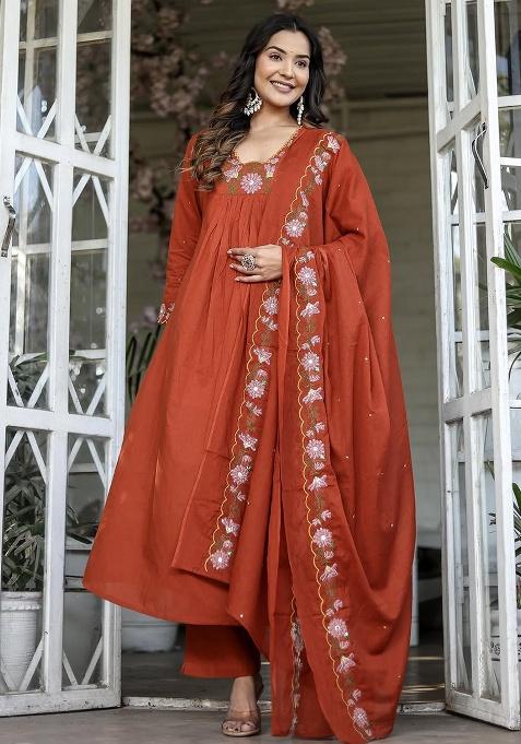 Orange Self-Design Rayon Kurta Set