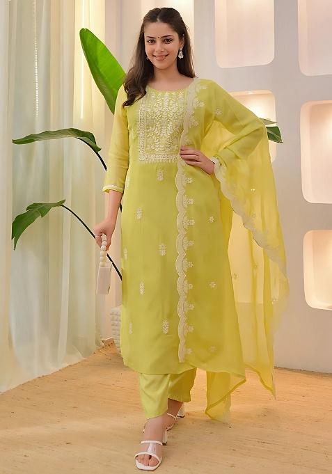 Lime Embroidery Silk Kurta Set