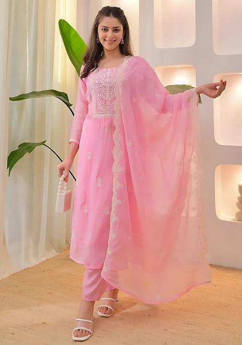 Pink Embroidery Silk Kurta Set