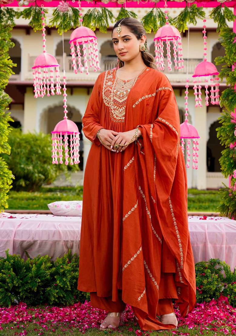 Rust Embroidery Silk Kurta Set - Indya
