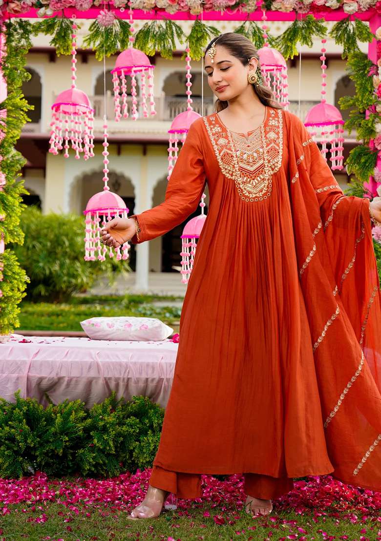 Rust Embroidery Silk Kurta Set - Indya
