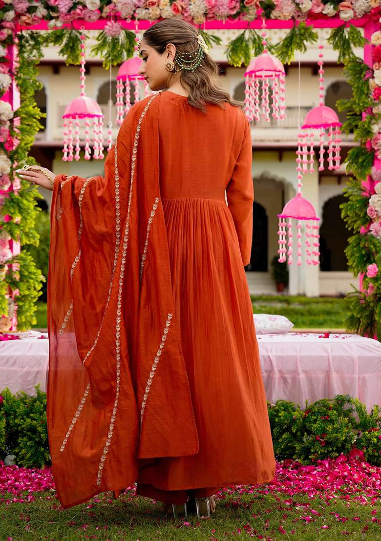 Rust Embroidery Silk Kurta Set - Indya