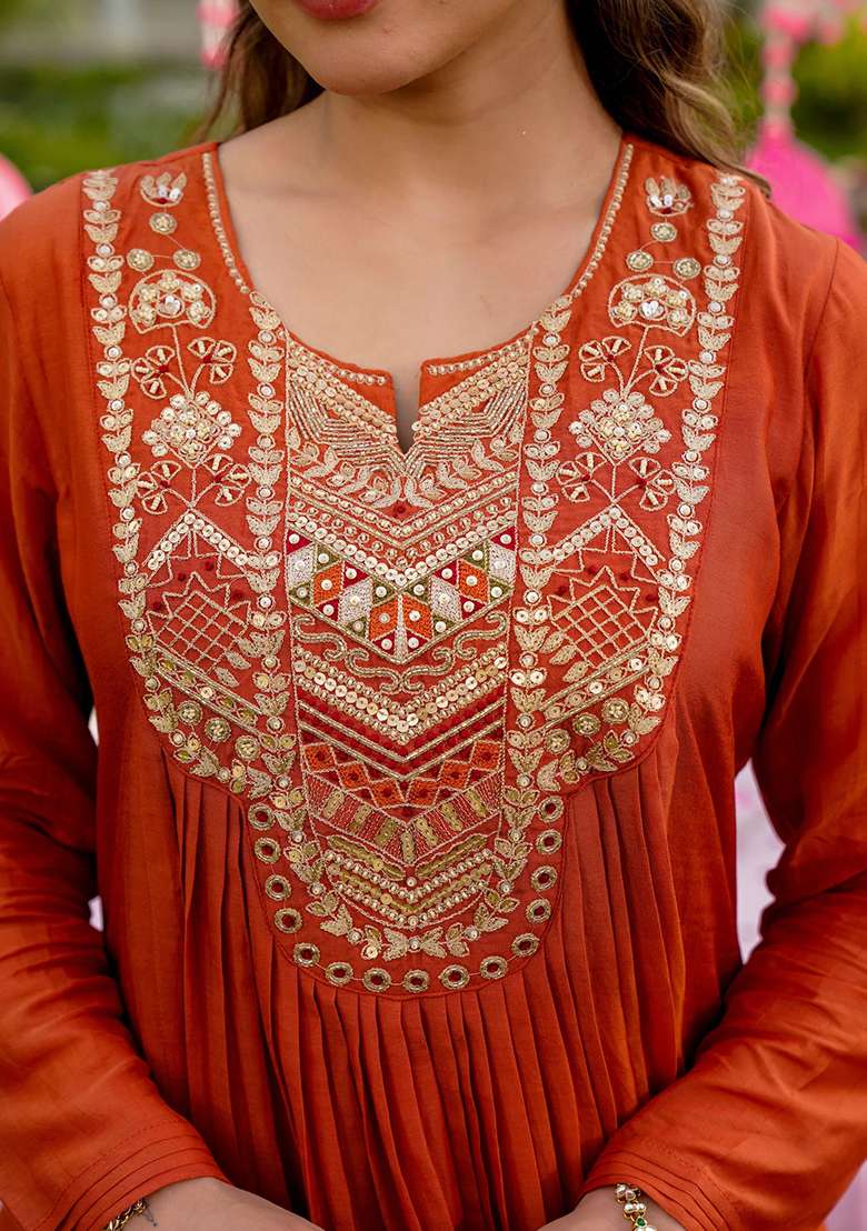 Rust Embroidery Silk Kurta Set - Indya