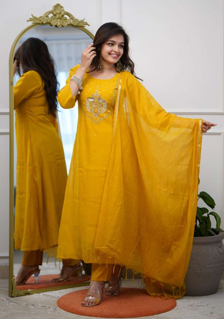 Yellow Embroidery Chanderi Kurta Set - Indya