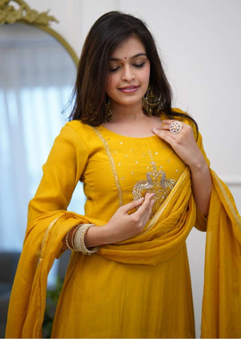 Yellow Embroidery Chanderi Kurta Set - Indya