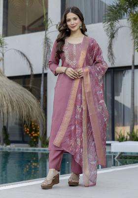 Peach Embroidery Chanderi Kurta Set