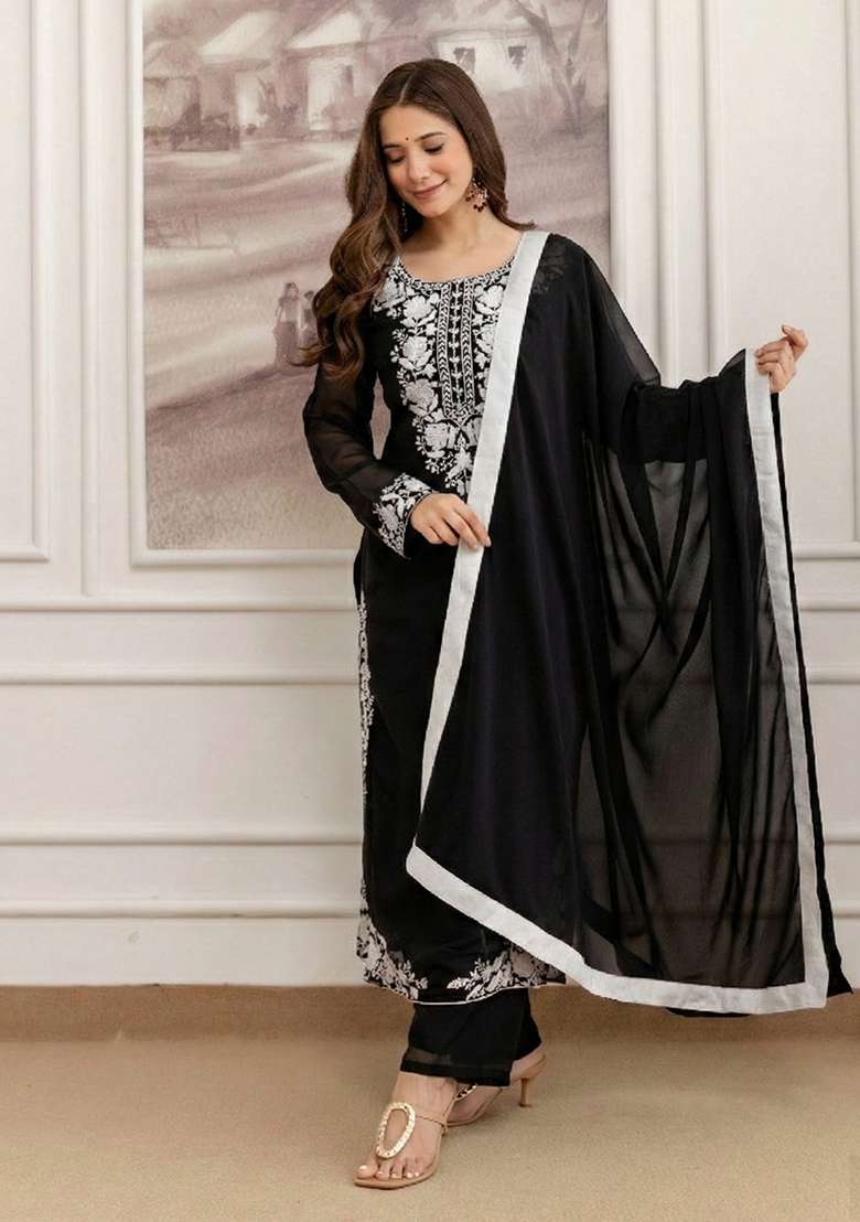 Black Embroidery Georgette Kurta Set - Indya