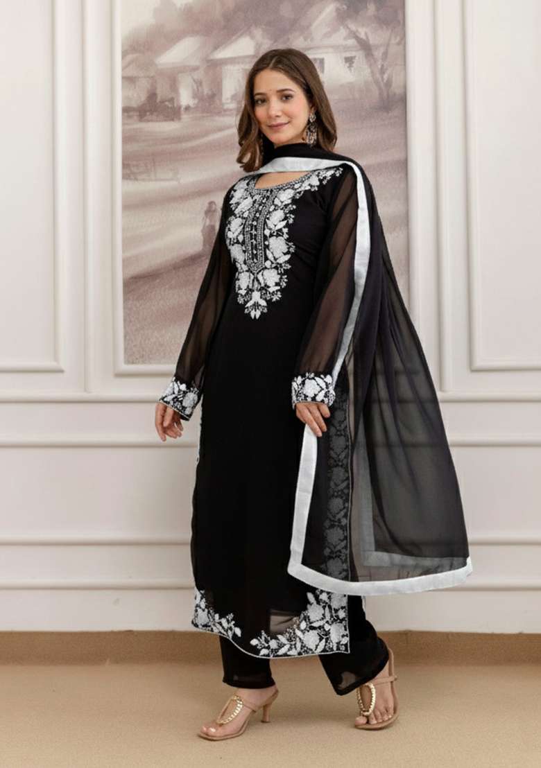 Black Embroidery Georgette Kurta Set - Indya