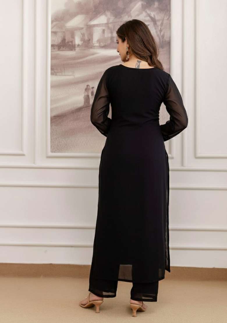 Black Embroidery Georgette Kurta Set - Indya