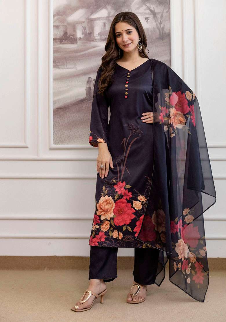 Black Embroidery Silk Kurta Set - Indya
