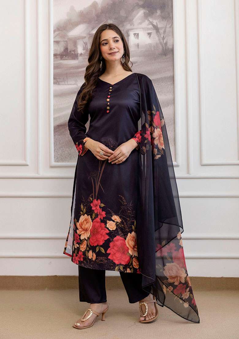 Black Embroidery Silk Kurta Set - Indya