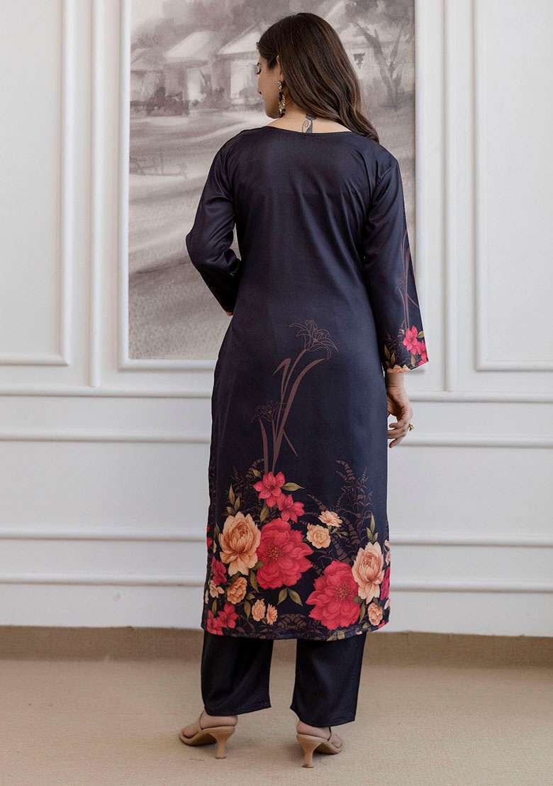 Black Embroidery Silk Kurta Set - Indya