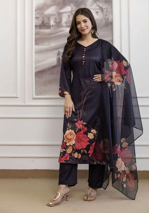 Black Embroidery Silk Kurta Set