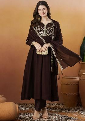 Brown Embroidery Silk Kurta Set